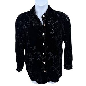 JACLYN SMITH CLASSIC BLACK BURN-OUT FLORAL PRINT VELVET BUTTON DOWN SHIRT - M